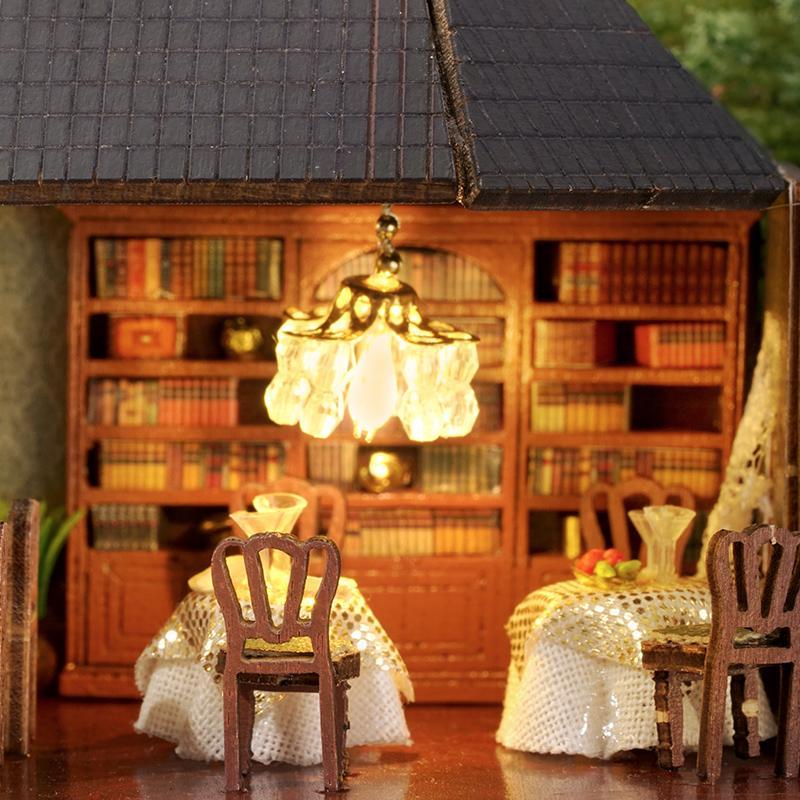 3D Corner Western Restaurant Building Blocks, Wooden DIY Miniature House Kit Set, Mini Creative House LED Handmade Home Decoration Handcraft