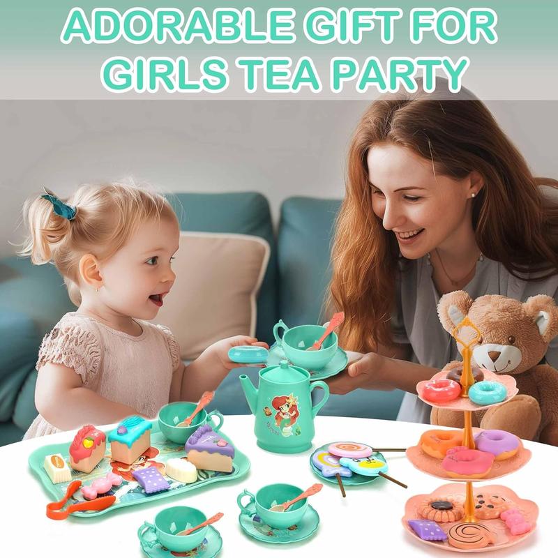 Mermaid Tea Party Set for Little Girls - Pretend Plastic Teapot Set, Princess Tea Time Play Kitchen Toy with Cups, Plates, and Carrying Case - Birthday Gifts for Kids Toddlers Age 3 4 5 6