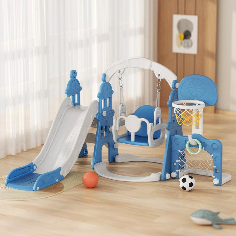 KORIMEFA 5 in 1 Kids Slide and Swing Set with Basketball Hoop, Soccer net and Climbing Ladder - Multifunctional Play Center for Active Fun for Kids Age 3-4 years