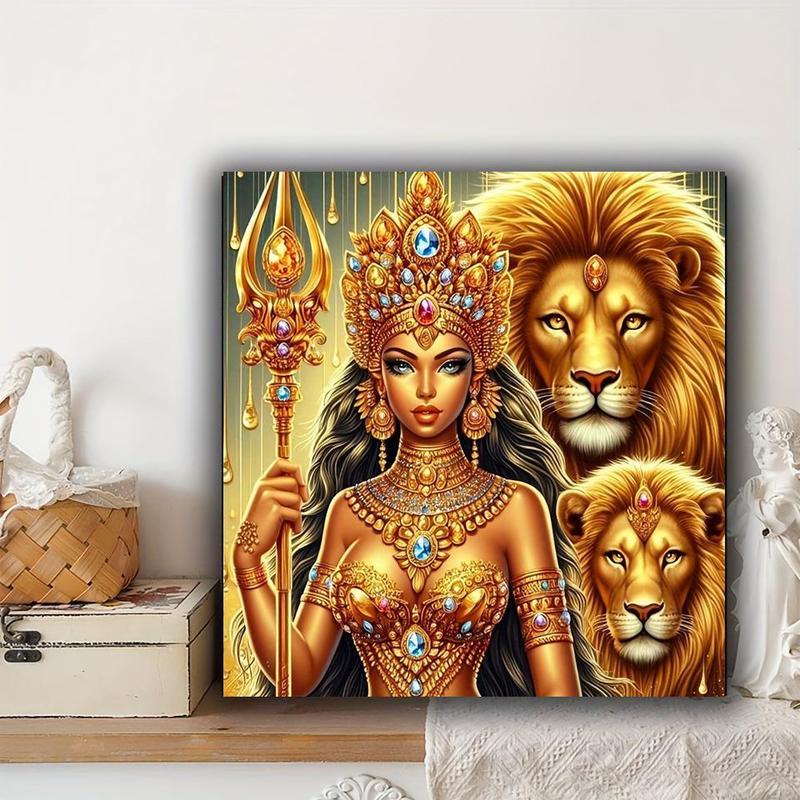 Golden Lion and Goddess Pattern DIY Diamond Arts Colorful Painting Kit without Frame, 1 Set Full Round Diamond Decorative Painting for Home Room Decor