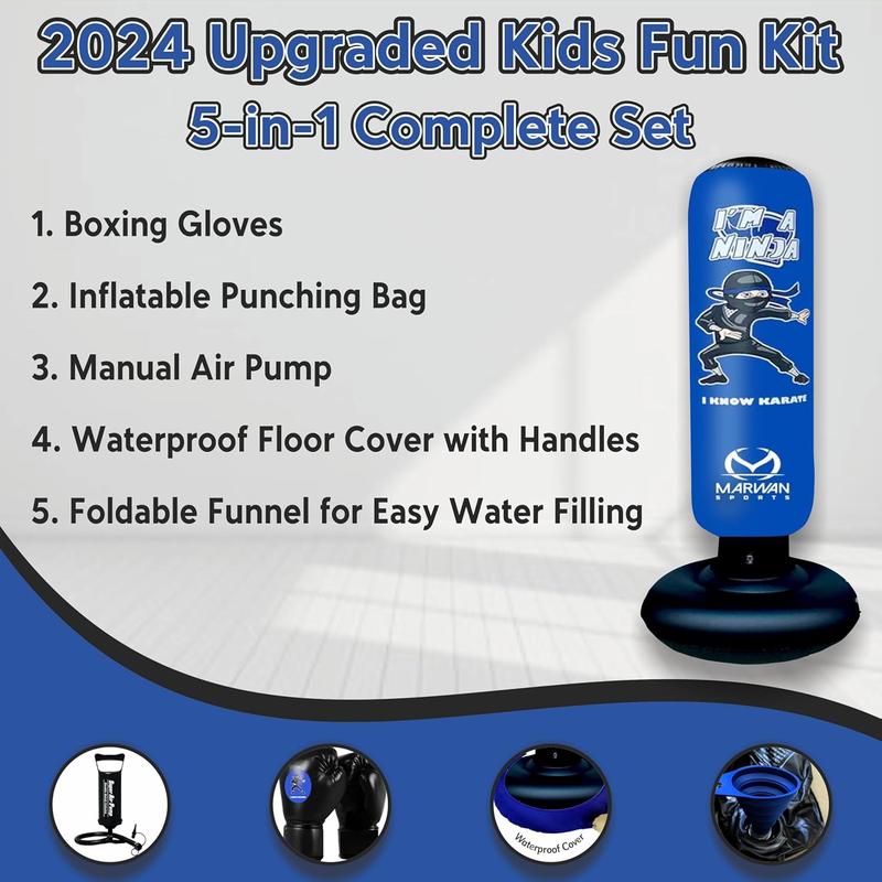 2024 Upgraded 5-in-1 Kids Punching Bag Set – Inflatable Boxing Bag Toy with Instant Bounce Back, Gloves, Air Pump, Protective Base Cover & Funnel, Gift for Boys Age 3-12