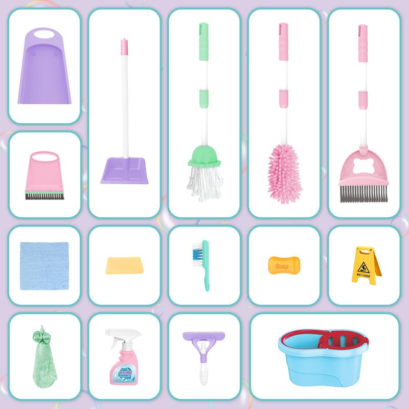 deAO Toy Cleaning Set – Play Housekeeping and Janitor Accessories Cart – Pretend Broom, Mop and Dustpan Christmas Gift Toys