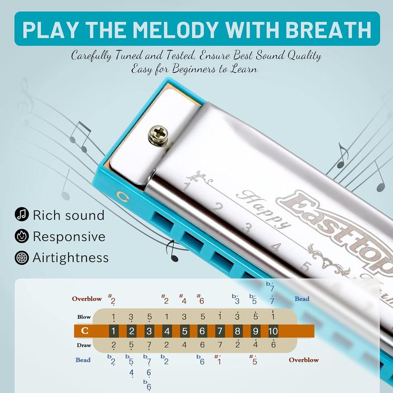 East top Blues Harmonica, Diatonic 10 Holes C Key Happy Harmonica Mouth Organ for Beginner,Kids,Children,Students,Gift,with Carrying Plastic Case,Clean Cloth and Manual