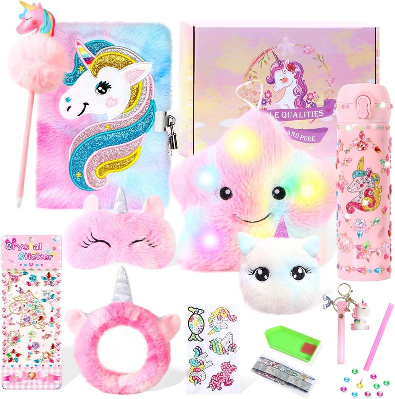 Christmas gift Unicorn Gifts for Girls, 10 PCS Unicorn Toys with Light Up Star Pillow Plush Diary DIY Water Bottle Kits for Girls