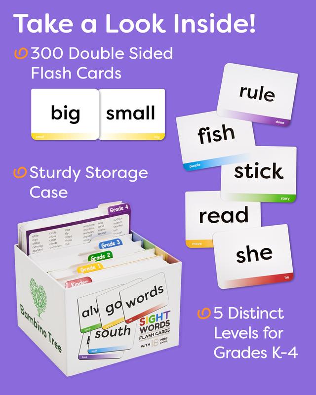 Sight Words Flash Cards Kindergarten 1st-4th Grade Education - 600 Words from Dolch's and Fry's Word List on Large Flash Cards with Sorting Corner