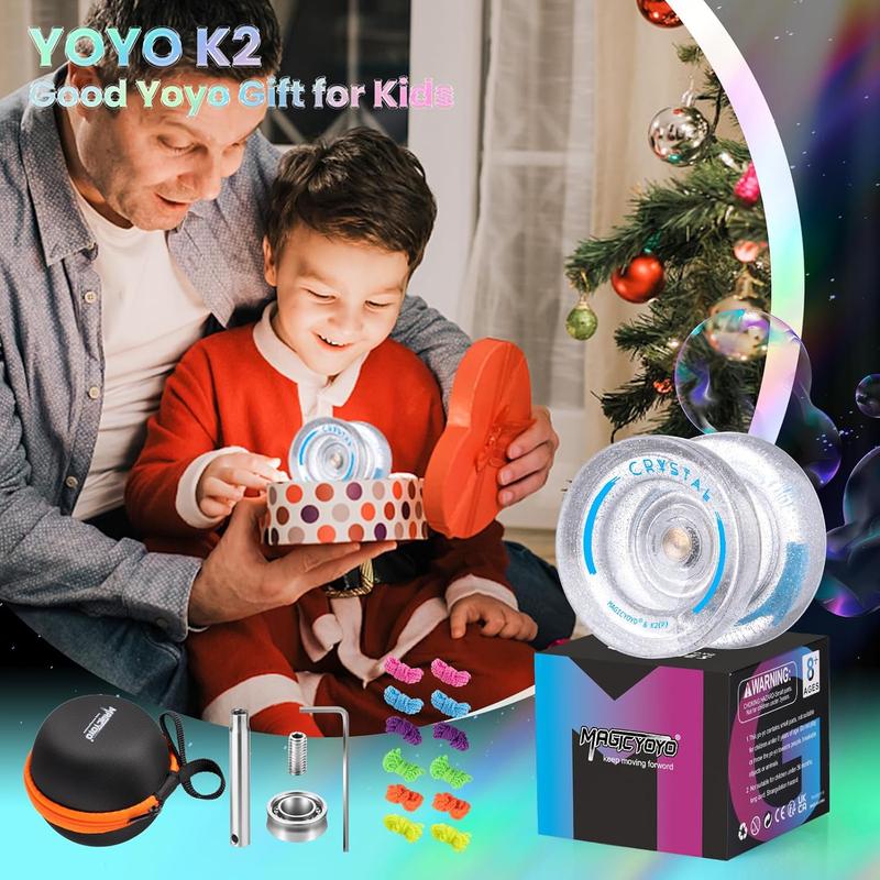 MAGICYOYO K2 Crystal Upgrade New Color - Silver Glitter Clear, Pro Responsive Yoyo for Kids, Dual Purpose Finger Spin Yo Yo with Extra Unresponsive Bearing + 12 Yoyo Strings + Yoyo Case