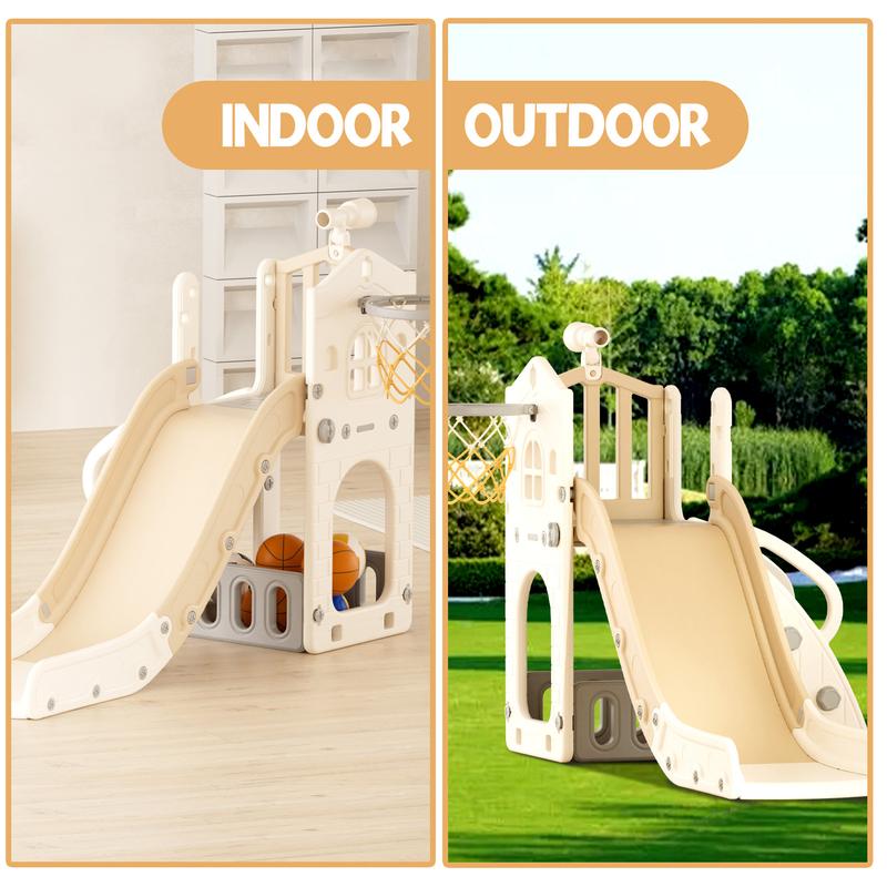 KORIMEFA 5 in 1 Toddler Slide Set Climber Slide for Kids, Outdoor Indoor Playset with Basketball Hoop, Telescope, and Storage Space