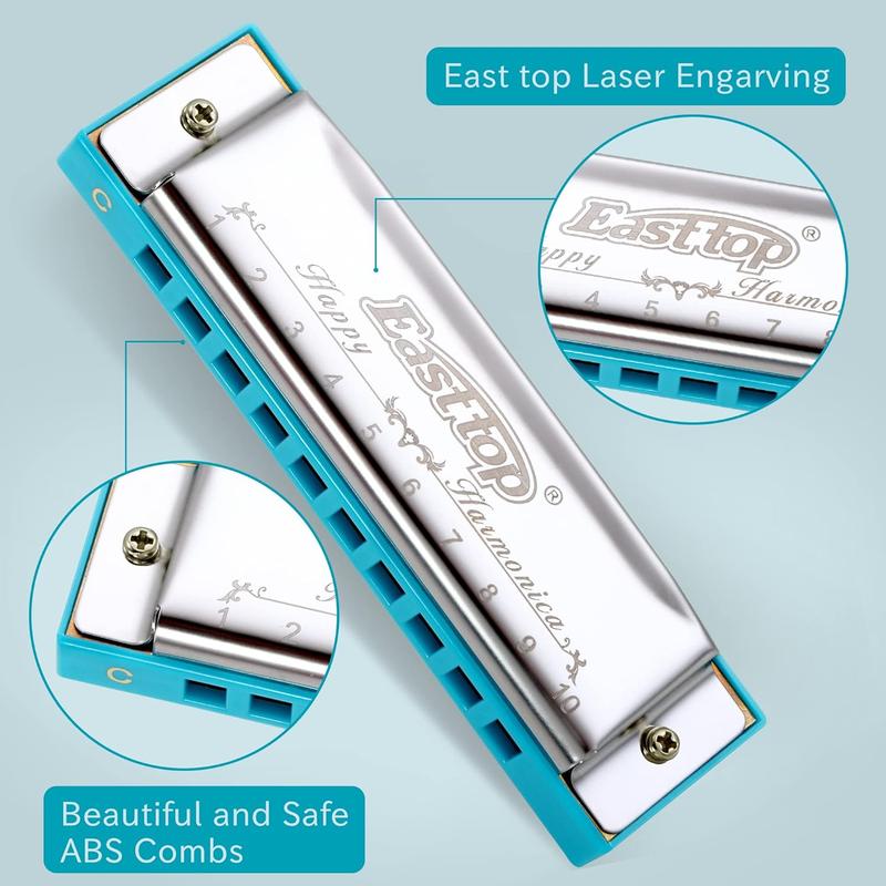 East top Blues Harmonica, Diatonic 10 Holes C Key Happy Harmonica Mouth Organ for Beginner,Kids,Children,Students,Gift,with Carrying Plastic Case,Clean Cloth and Manual