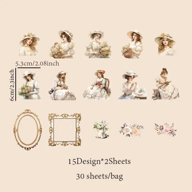 Vintage Girl Pattern Stickers, 30 Sheets Pack PET Waterproof Self Adhesive Material Sticker, Scrapbook Decorative Stickers, Bedroom Decor