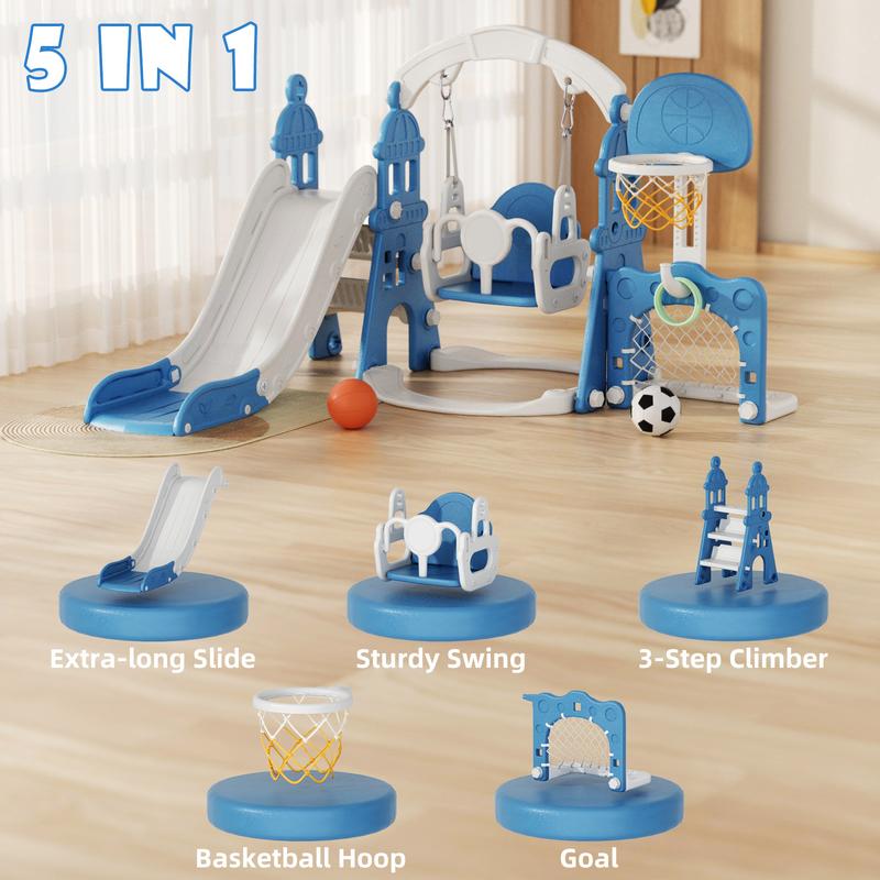 KORIMEFA 5 in 1 Kids Slide and Swing Set with Basketball Hoop, Soccer net and Climbing Ladder - Multifunctional Play Center for Active Fun for Kids Age 3-4 years