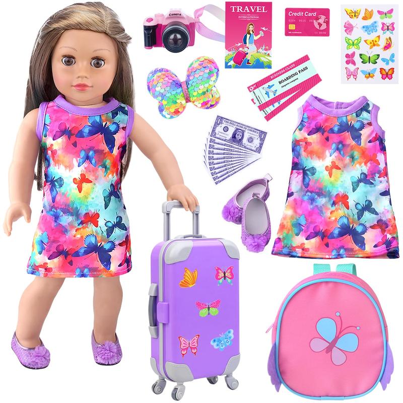 18 Inch Doll Playset with Suitcase, Dresses, Shoes, Backpack and Other Doll DIY Butterfly Stuff for Girl Doll Gift Present for Children (NOT Includ Doll)