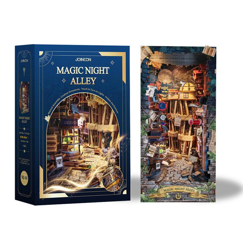 Magic Night Alley 3D Book Nook with Dust Cover, 1 Box DIY Wooden Bookshelf Insert DIY Miniature Kit, Bookend Stand with LED Light, Desktop Ornament for Home Office Decor, Summer DIY Decoration Materials, Stocking Fillers Gift