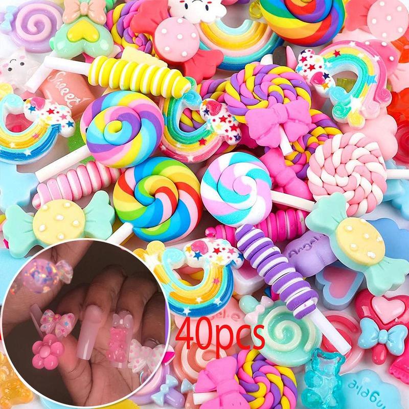 Random Style Candy Design Nail Art Charms, 40pcs set Cute Fruits and Sweets Resin Nail Art Accessories for DIY Crafts And Nail Art Decoration, Nail Art Kit