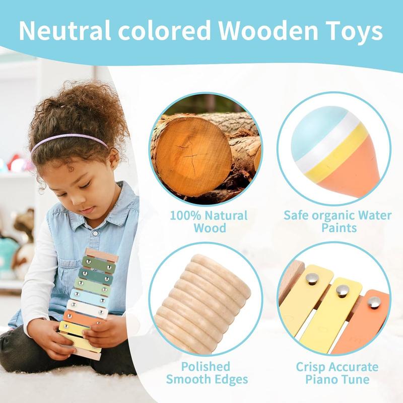 Baby Musical Instruments Set Wooden Montessori Toys for Toddlers 1-3 Percussion Instruments Set Modern Boho Music Toys for Kids Preschool Educational.