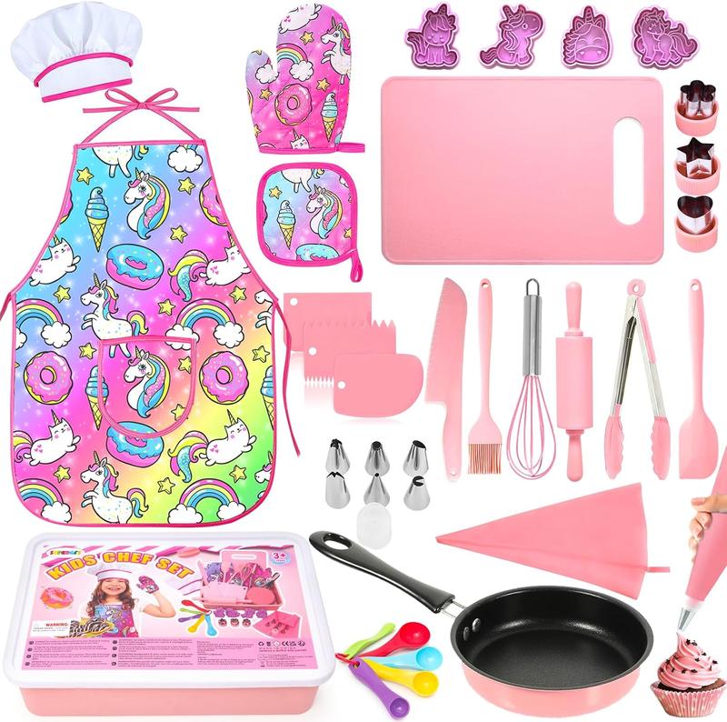 Christmas Kids Cooking and Baking Set with Storage Case Complete Cooking Supplies Kids Baking Kit Pretend Play Cooking Toys Unicorn Apron and Chef Hat for Girls & Boys