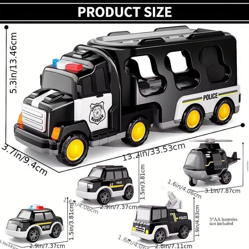 5 in 1 Inertial Double-deck Police Vehicle Toy, 1 Set Friction Power Transport Truck, Police Carrier Truck Toy with Lights Music, Toy Car for Boys