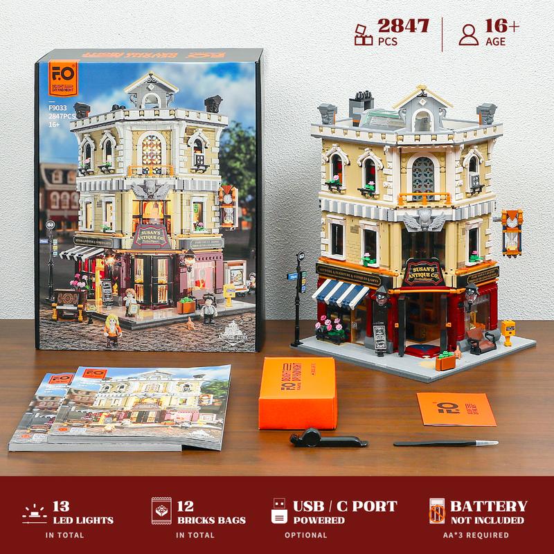 Funwhole Antique Store Lighting Building-Bricks Set 2847 Pcs - City Town Corner Collectibles Shop LED Light Modular Building Model Set Holiday gift   for Adults and Teen