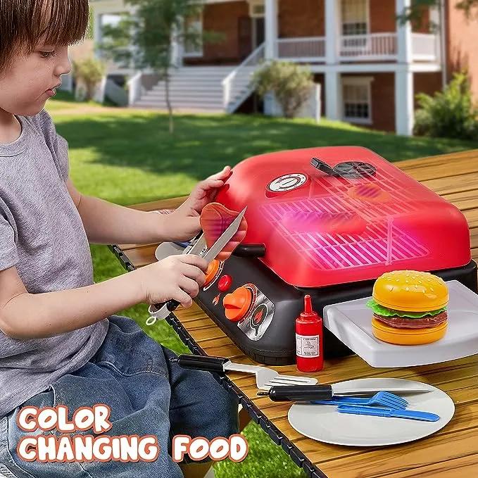  Kids Barbecue Grill Playset with Pretend Light, Sound & Color-Changing Food, Little Chef Play For Kitchen Toy Gift