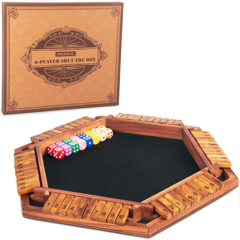 AMEROUS Upgraded 1-6 Players Shut The Box Dice Game, Wooden Board Table Math Game with 16 Dice for Kids Adults, Family Classroom Home Party or Pub