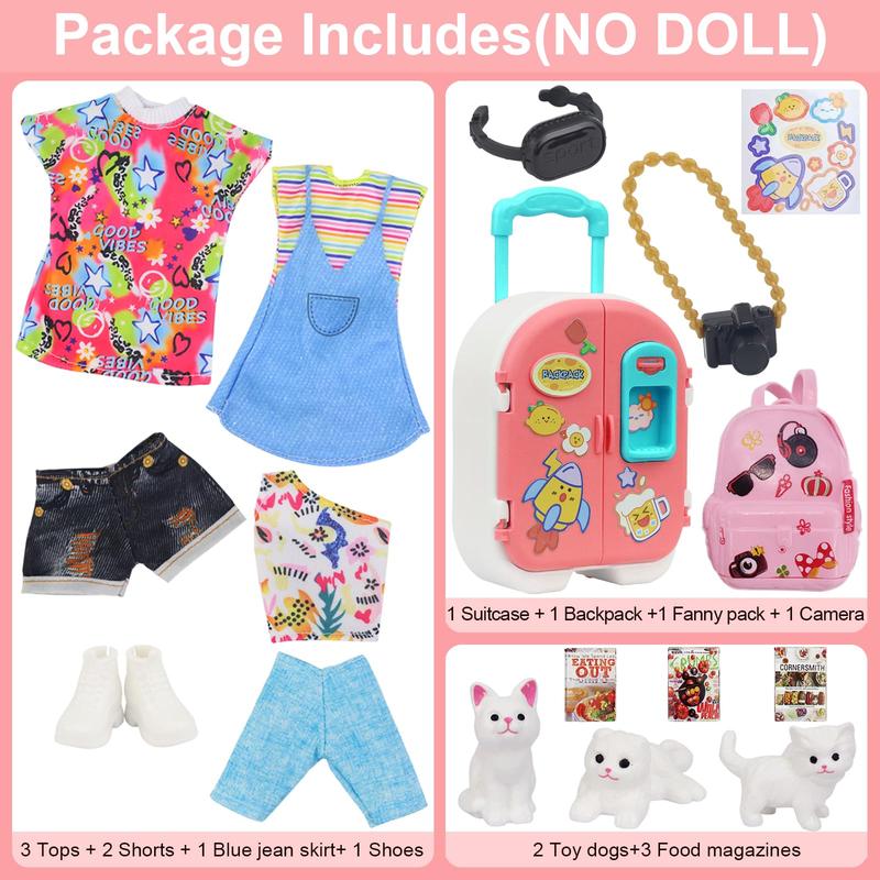 16 Pcs Doll Clothes and Accessories for 11.5 Inch Girl Dolls, Fashion Travel Suitcase Set Including Blue Jean Skirts, Bags, Food Magazines etc