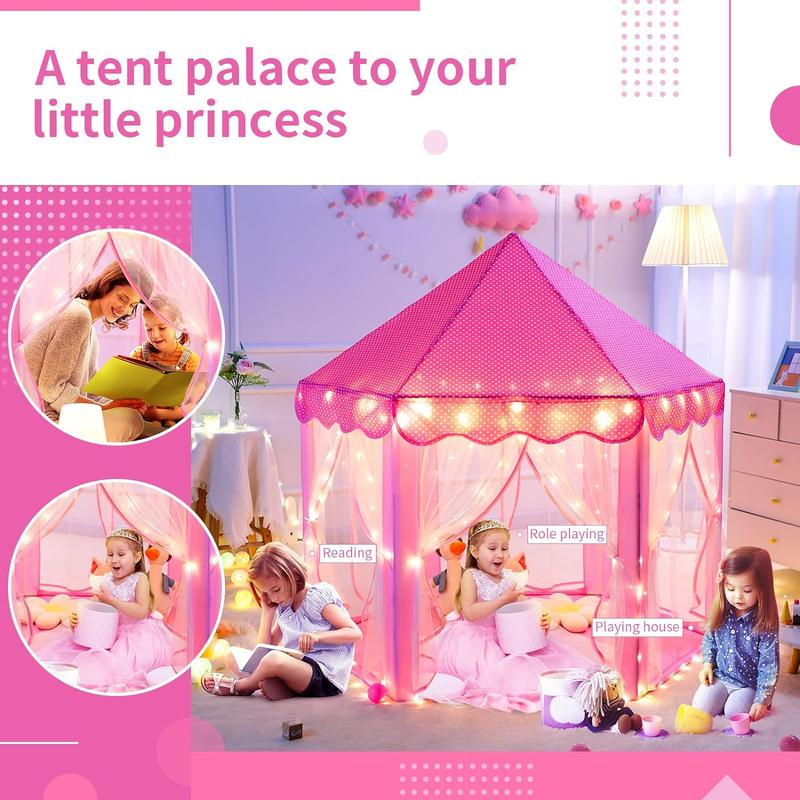 stle Tent for Girls - Pink Hexagon Playhouse with Fairy Star Lights, Indoor Outdoor Kids Play Tent, Perfect Christmas Gift for Toddlers & Children