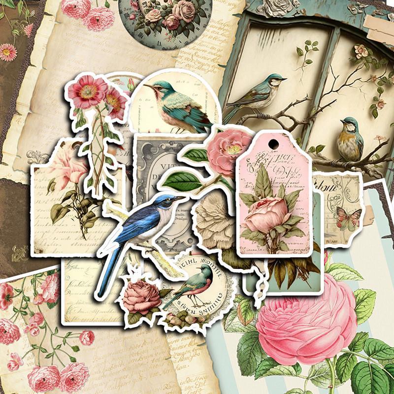 38pcs set 30pcs Retro Floral Plant Pattern Sticker & 8 Sheets Material Paper, Diy Decorative Sticker For Scrapbooking & Journal Making