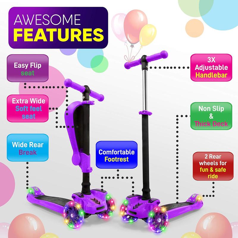 3-Wheeled Scooter for Kids - Wheel LED Lights, Adjustable Lean-to-Steer Handlebar, and Foldable Seat - Sit or Stand Ride with Brake for Boys and Girls Ages 1-14 Years Old