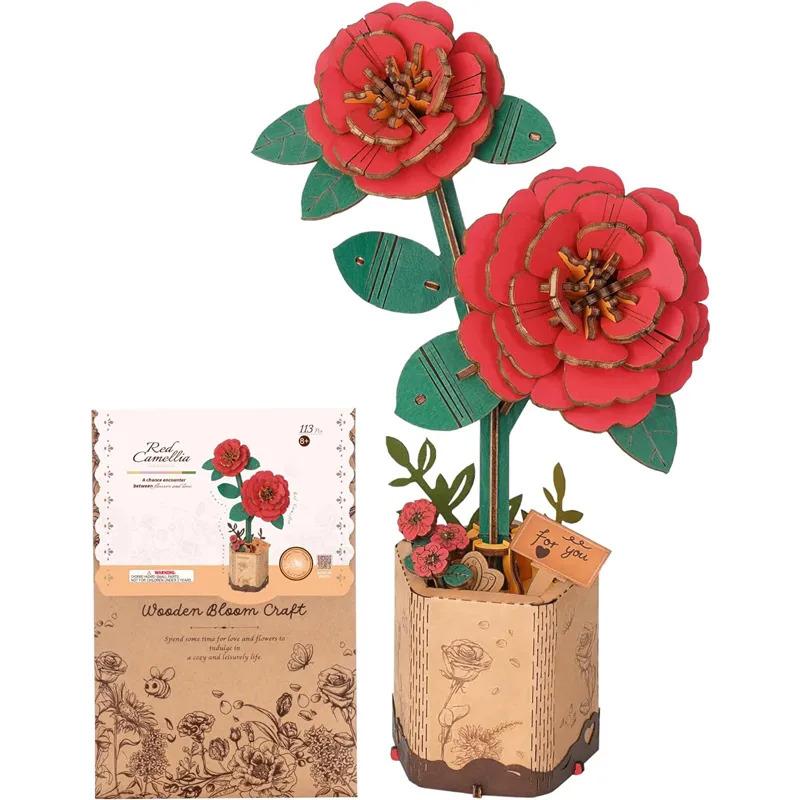 Robotime Wowood 3D Flower Wooden Puzzles for Adults-Red Camellia, DIY Wooden Flowers Model Kit Building Set Crafts (113PCS)  TW031 Red Camellia