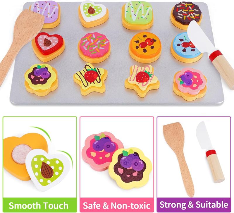 Christmas Gift Slice and Bake Wooden Cookie Play Food Set for Kids Kitchen , Toy Food Accessories, Kids Pretend Cookies and Baking Sheet