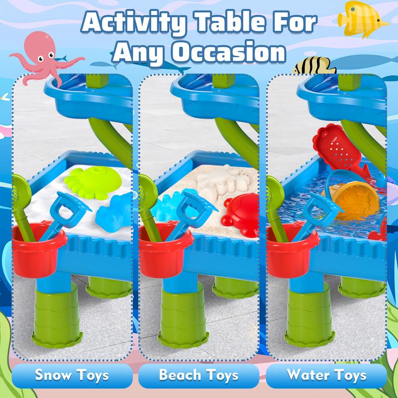 deAO 4-Tier Sand and Water Table Beach Summer Toys Sandbox Table Outdoor Activity Sensory Play Table with Dolphin Water Wheel, Molds,Sand Water Toys for Outdoor Backyard