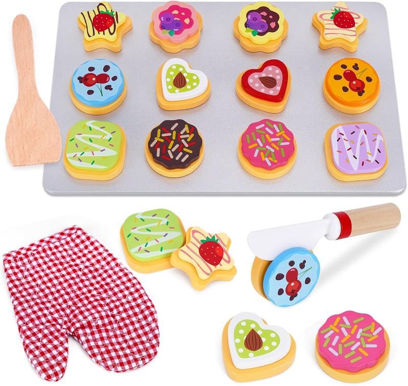 Christmas Gift Slice and Bake Wooden Cookie Play Food Set for Kids Kitchen , Toy Food Accessories, Kids Pretend Cookies and Baking Sheet