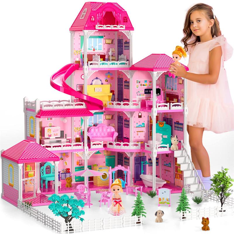 Dollhouse, Fantasy Dollhouse Furniture Pink Girls Toys, 4 Tier 10 Room Dollhouse with 2 Princess Slide Accessories, Playhouse Gift Gift Set,