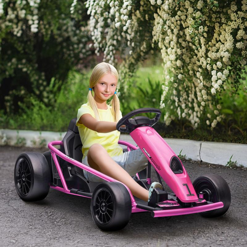 Aosom 24V 8.1 MPH Electric Go Kart, Drifting Car Battery Powered Ride on Toy Outdoor with Slow Start, Music, Horn Honking and Safety Belt, for 8-12 Years Old