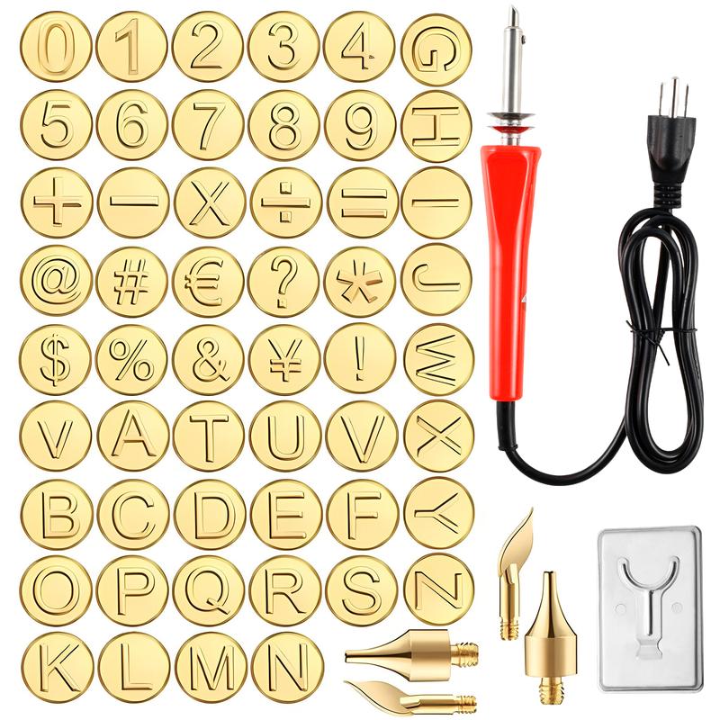 Wood Burning Tip Set 26 Letters Wood Burning Tip Kit Copper Letter Number Soldering Iron Stencils DIY Embossing Carving Head Tools Wood Burning Set for Wood Leather DIY Crafts