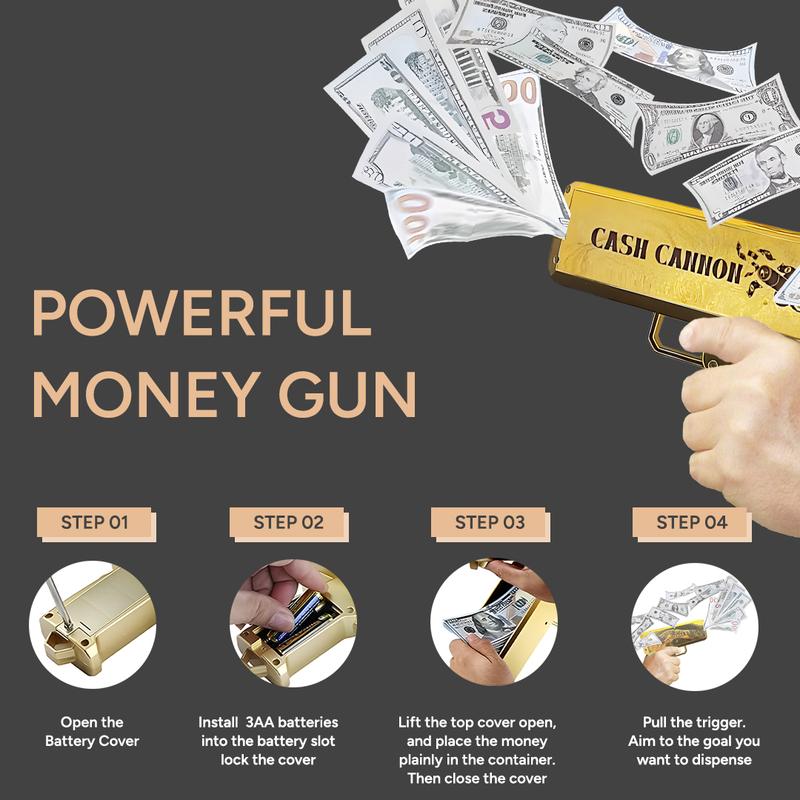 Cash Cannon Money Gun - Automatic Cash Shooter for Real or Fake Dollar Bills - Cash Launcher Prop Gun for Birthdays, Celebrations, Bachelor Parties, Photo Booth, Movie Set- Includes 100 Prop Bills