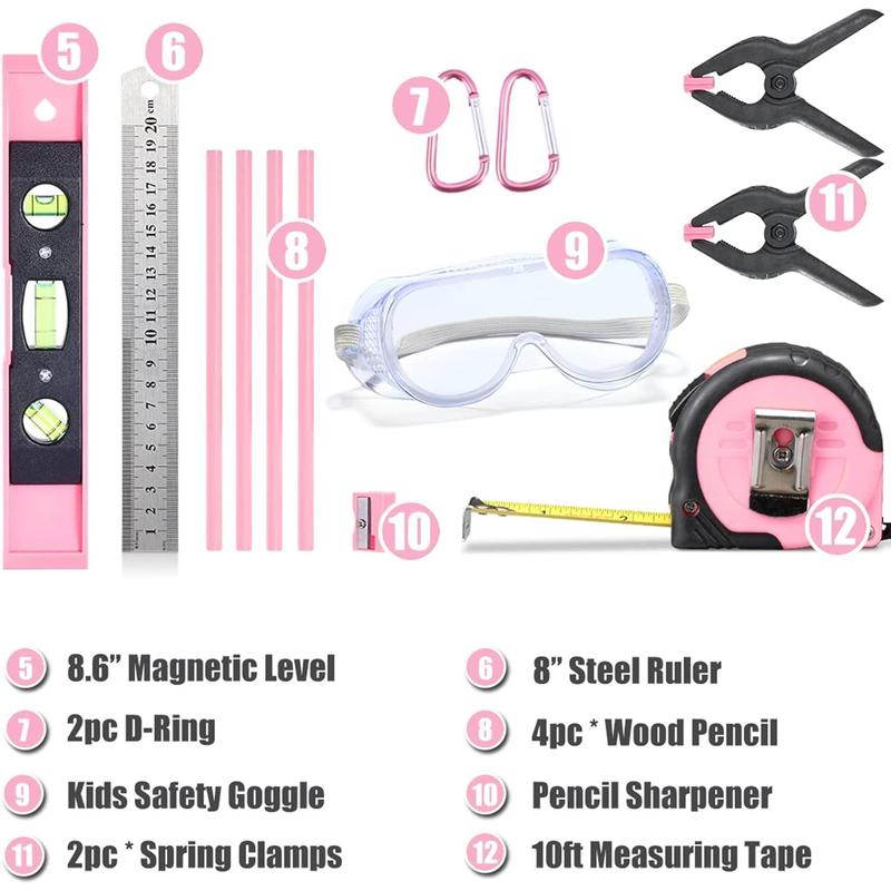 REXBETI 18pcs Pink Young Builder's Tool Set with Real Hand Tools, Reinforced Kids Tool Belt, Waist 20