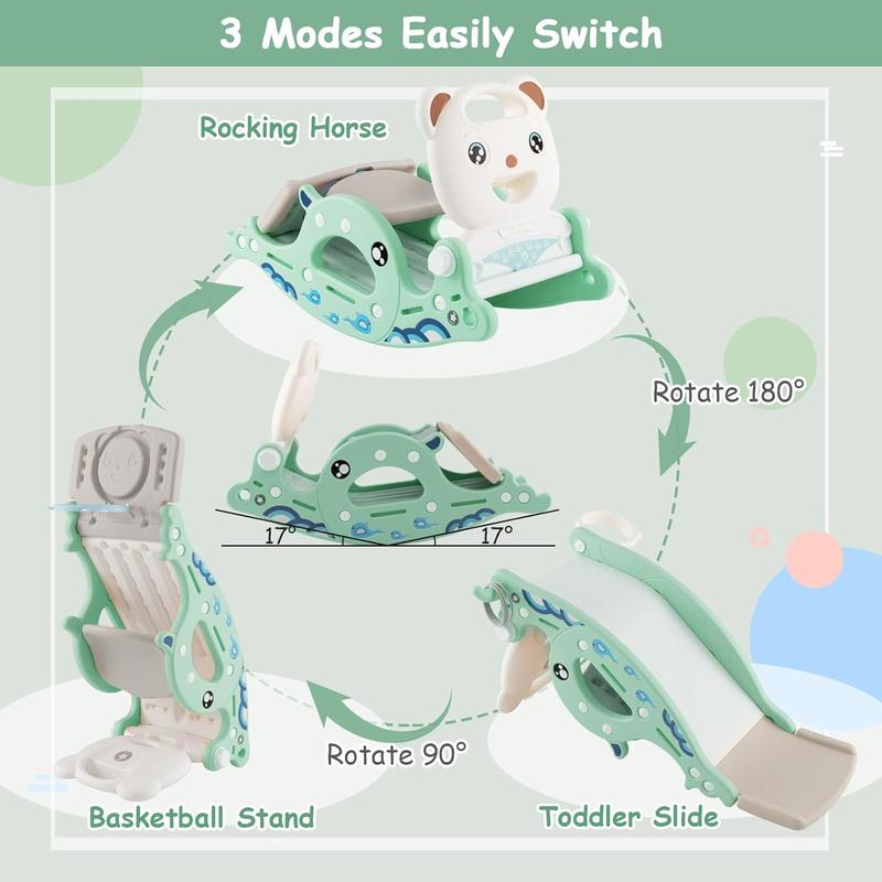 Costzon Slide Rocking Playset with Basketball Hoop, Rocking Horse, Slide, Foldable Climber Playground Slide for Both Indoors Outdoor Use