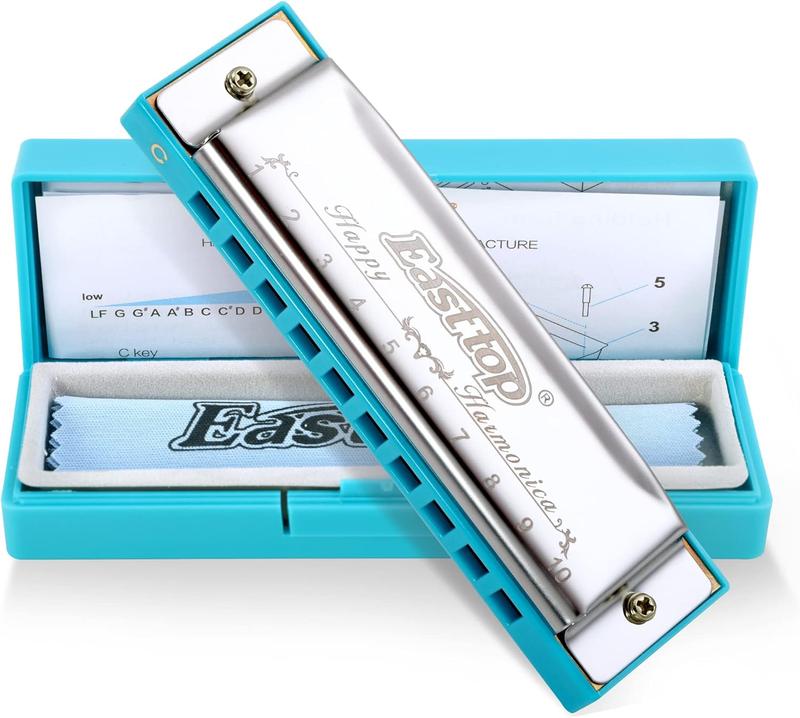 East top Blues Harmonica, Diatonic 10 Holes C Key Happy Harmonica Mouth Organ for Beginner,Kids,Children,Students,Gift,with Carrying Plastic Case,Clean Cloth and Manual