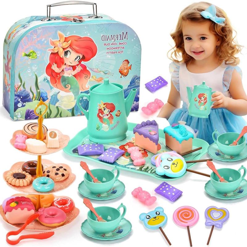 Mermaid Tea Party Set for Little Girls - Pretend Plastic Teapot Set, Princess Tea Time Play Kitchen Toy with Cups, Plates, and Carrying Case - Birthday Gifts for Kids Toddlers Age 3 4 5 6