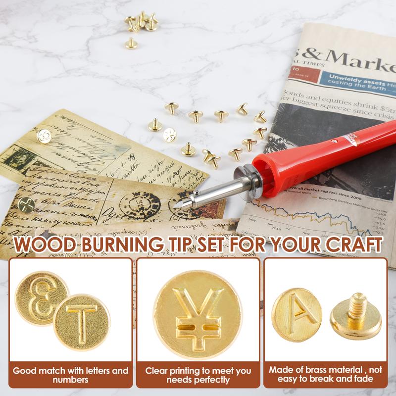 Wood Burning Tip Set 26 Letters Wood Burning Tip Kit Copper Letter Number Soldering Iron Stencils DIY Embossing Carving Head Tools Wood Burning Set for Wood Leather DIY Crafts