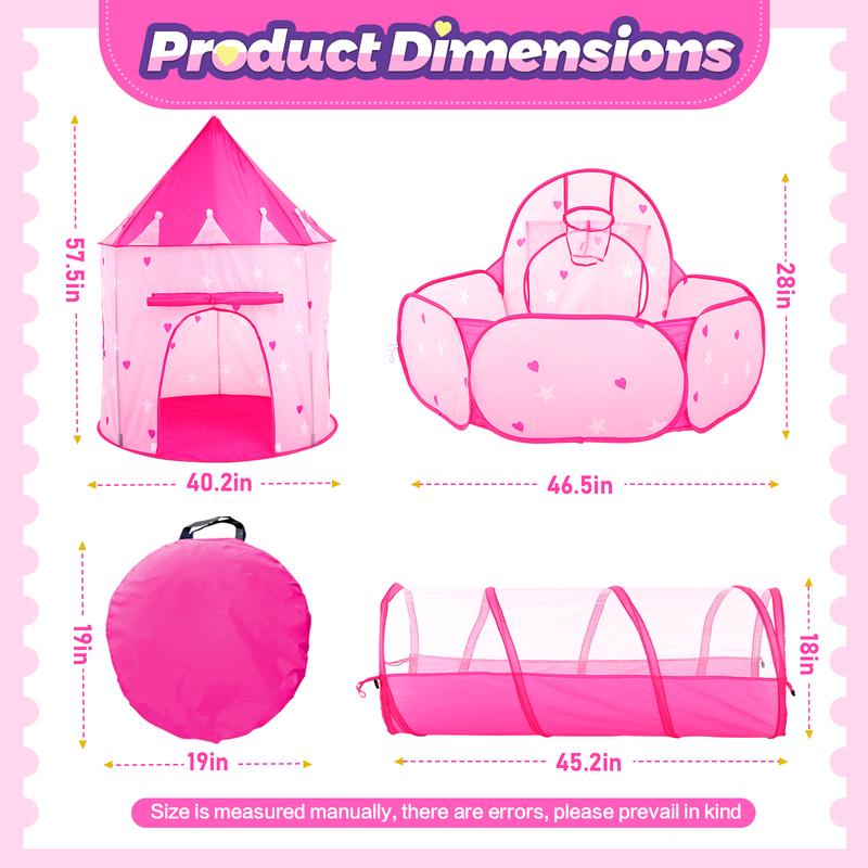 3pc Pink Play Tent Ball Pit for 4-12 Years with Tunnel Pop up Princess Toys Indoor Outdoor Game indoor tent pit tunnel crawl tunnel