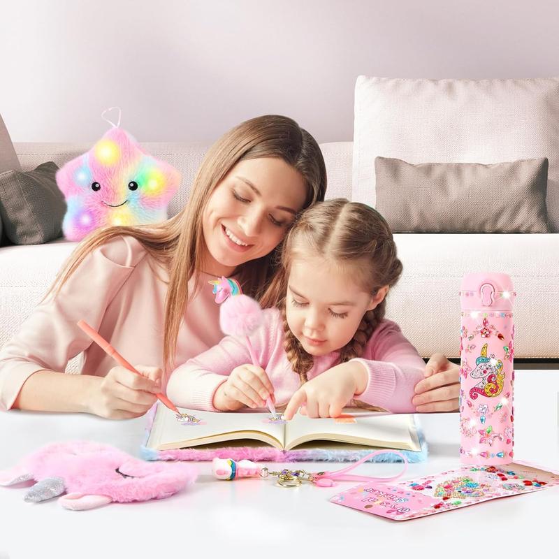 Christmas gift Unicorn Gifts for Girls, 10 PCS Unicorn Toys with Light Up Star Pillow Plush Diary DIY Water Bottle Kits for Girls