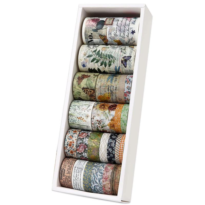 24 Rolls Vintage Washi Tape Set, Floral Letter Butterfly Mushroom Botanical Flower Writable Decorative Tapes for Scrapbooking , Junk Journal supplies, Bullet Journaling 5-75mm Wide 9.84ft long Roll Natural