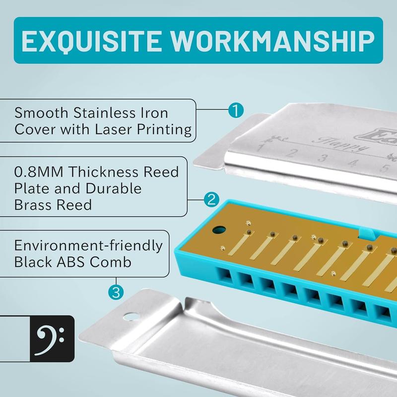 East top Blues Harmonica, Diatonic 10 Holes C Key Happy Harmonica Mouth Organ for Beginner,Kids,Children,Students,Gift,with Carrying Plastic Case,Clean Cloth and Manual