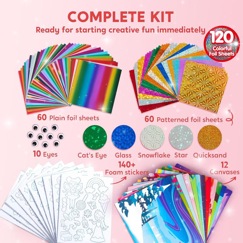  Kits Foil Art Kit for Kids - Crafts, Arts & Crafts Supplies, Mess Free Coloring, Foil Foam Stickers, Creative Travel Toys, Birthday Gifts for Boys & Girls