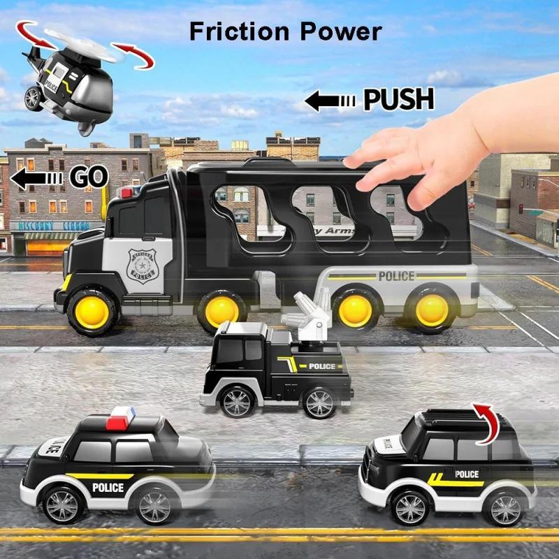 5 in 1 Inertial Double-deck Police Vehicle Toy, 1 Set Friction Power Transport Truck, Police Carrier Truck Toy with Lights Music, Toy Car for Boys