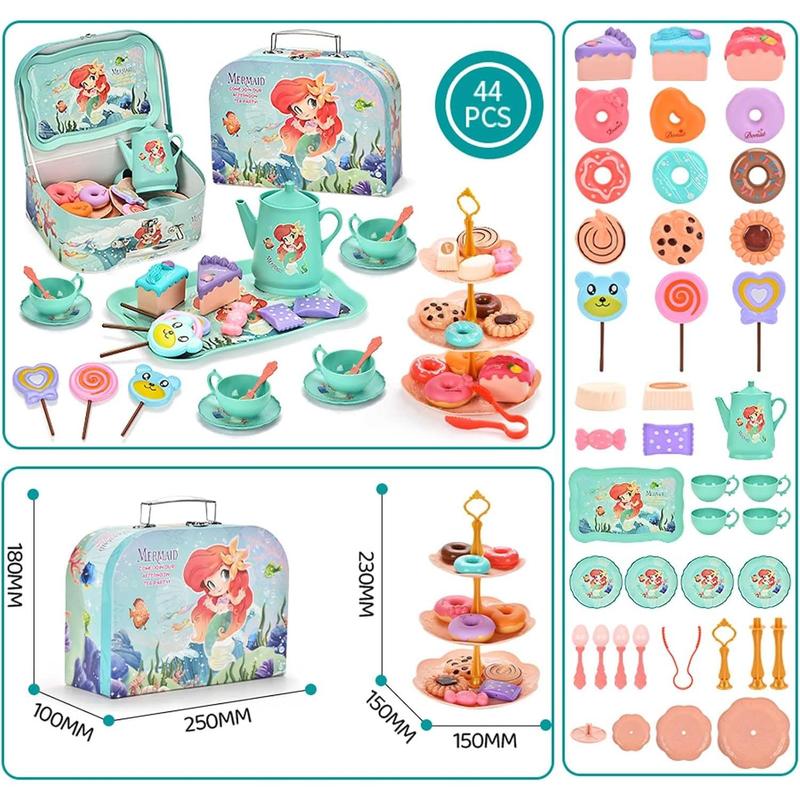 Mermaid Tea Party Set for Little Girls - Pretend Plastic Teapot Set, Princess Tea Time Play Kitchen Toy with Cups, Plates, and Carrying Case - Birthday Gifts for Kids Toddlers Age 3 4 5 6