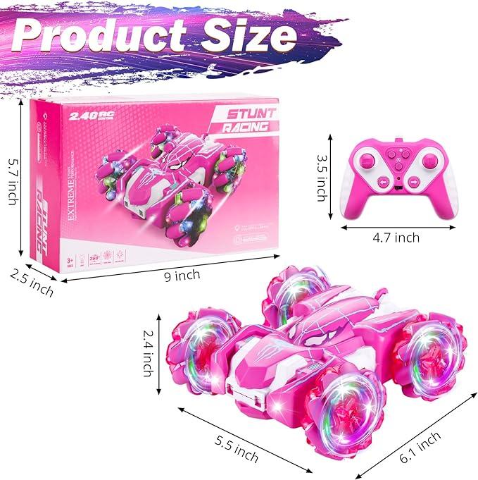 Pink Spider Remote Control Car - 2.4Ghz Double Sided with LED Light. 360° Rotating RC Drift Car, 4WD Rechargeable RC Stunt Car