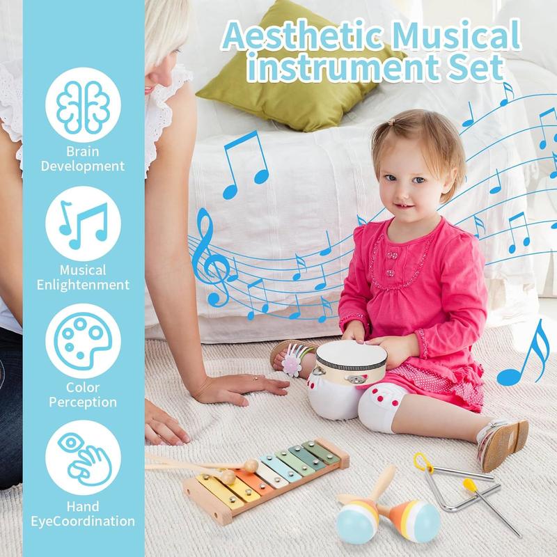 Baby Musical Instruments Set Wooden Montessori Toys for Toddlers 1-3 Percussion Instruments Set Modern Boho Music Toys for Kids Preschool Educational.