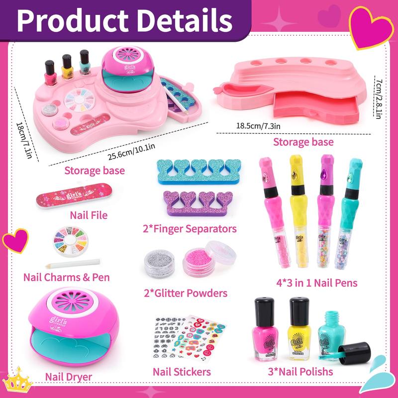 Nail Polish Set Toy for Girls Nail Art Kit  3-in-1 with Nail Dryer&Hand Massage Spa Kit, Manicure Salon Studio Stuff Pretend Play Set Toy Birthday Christmas Gift